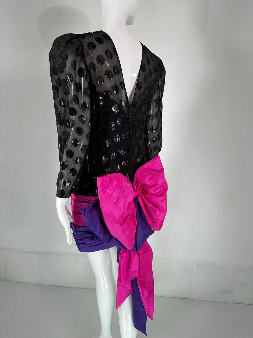 1980s Black Velvet Dot with Draped Pink & Purple … - image 6