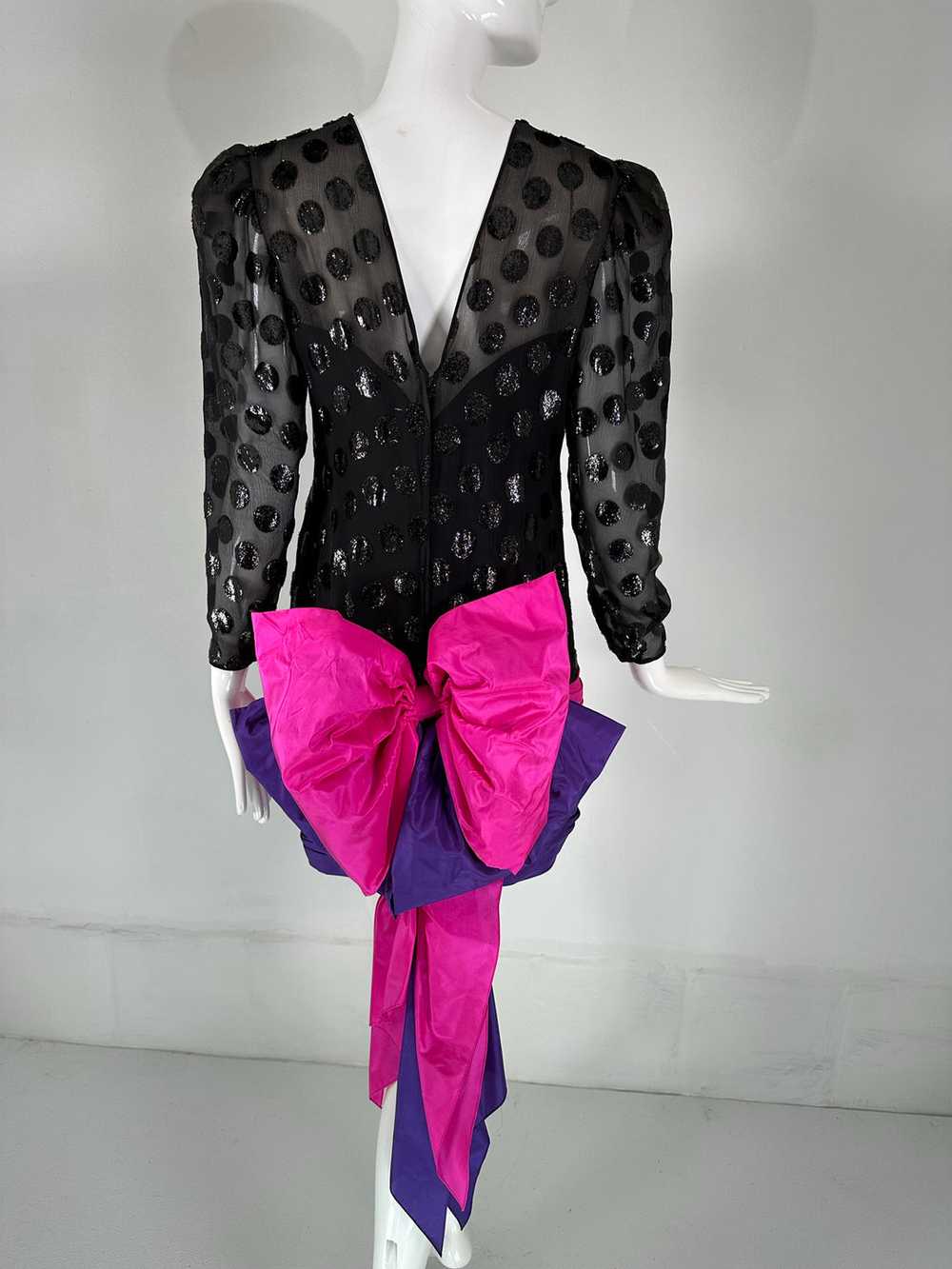 1980s Black Velvet Dot with Draped Pink & Purple … - image 7