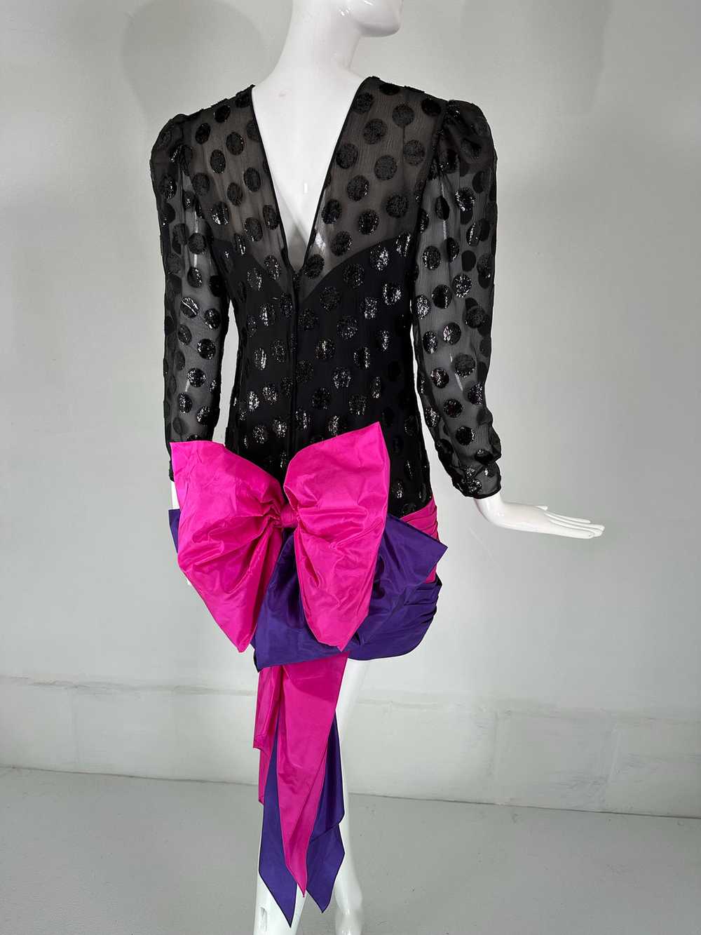 1980s Black Velvet Dot with Draped Pink & Purple … - image 8