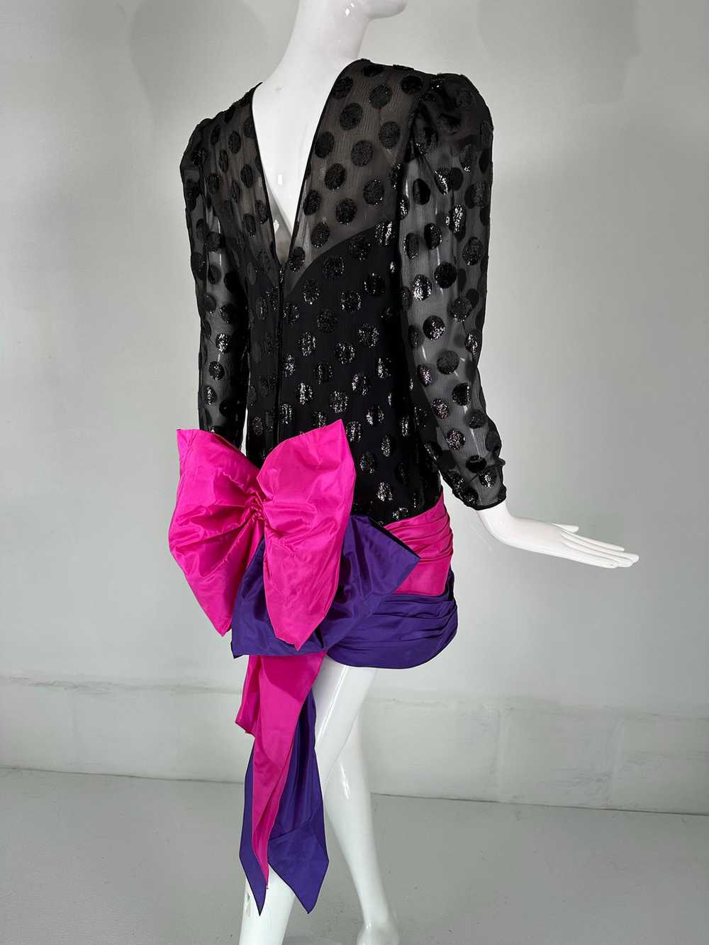 1980s Black Velvet Dot with Draped Pink & Purple … - image 9