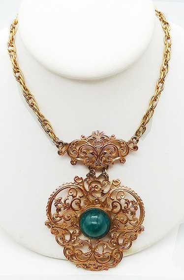 Gold Tone Filigree Green Glass Medallion Necklace