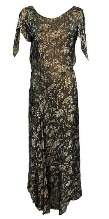 30s Black and Gold Floral Lamé Gown with Flounced 