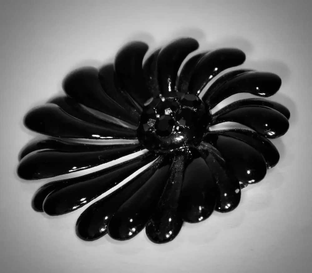 Large Mid-Century Black Enamel & Rhinestone Flowe… - image 3