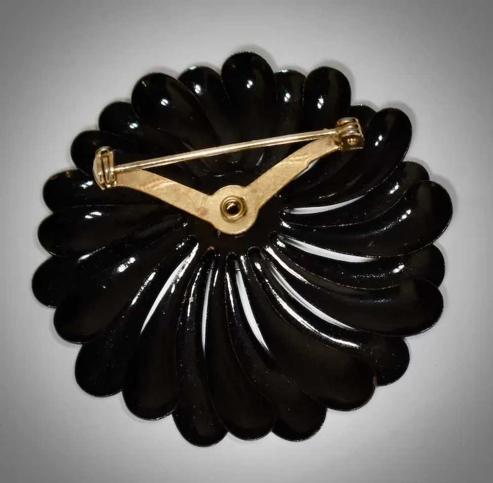 Large Mid-Century Black Enamel & Rhinestone Flowe… - image 4