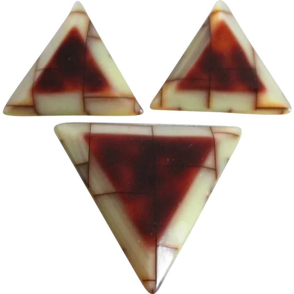Unusual Striped Lucite Triangle Brooch Earring Se… - image 1