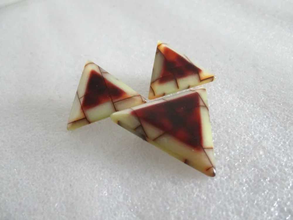 Unusual Striped Lucite Triangle Brooch Earring Se… - image 3