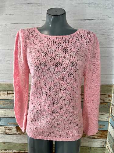 80’s Light Pink Texture Knit Round Neck Sweater By