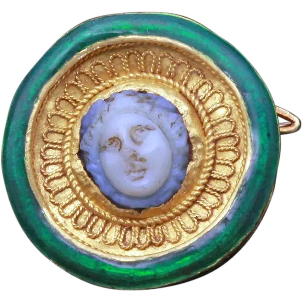 Louis WIESE cameo brooch pendant gold enamel agat… - image 1