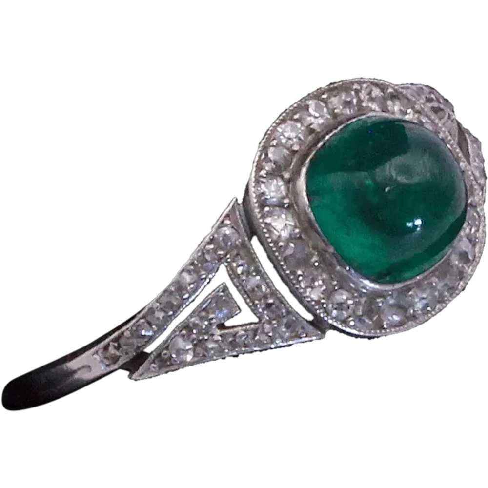 Antique Art Deco Ring Sugarloaf Emerald Diamonds … - image 1