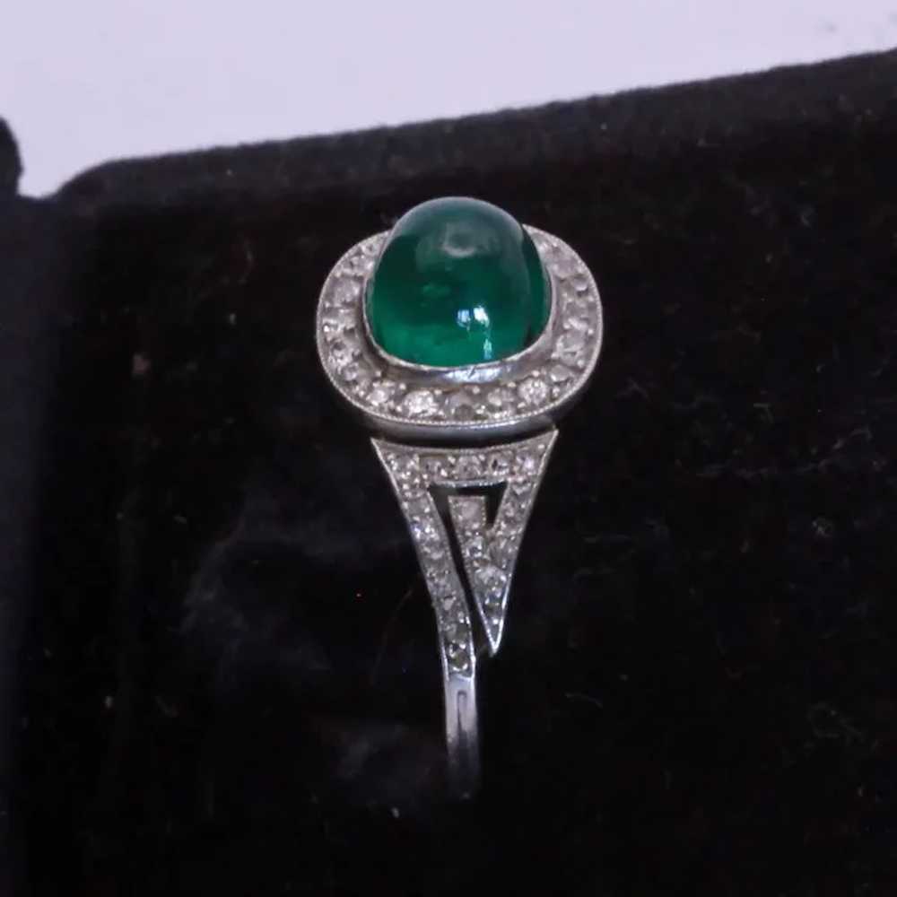 Antique Art Deco Ring Sugarloaf Emerald Diamonds … - image 3