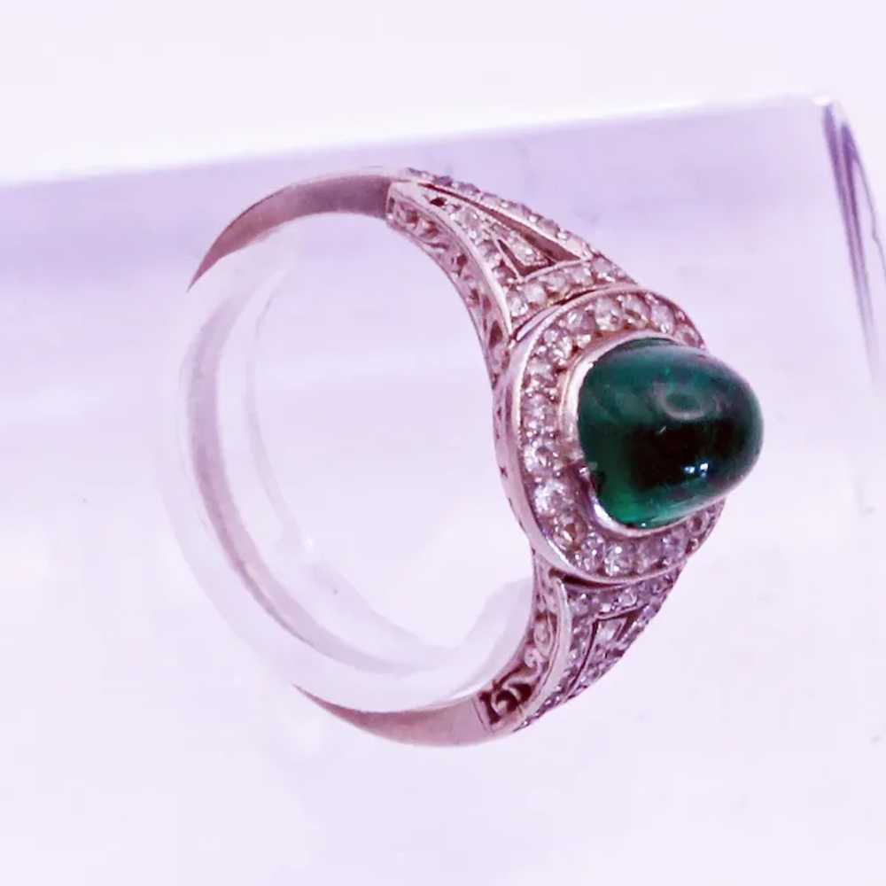 Antique Art Deco Ring Sugarloaf Emerald Diamonds … - image 4