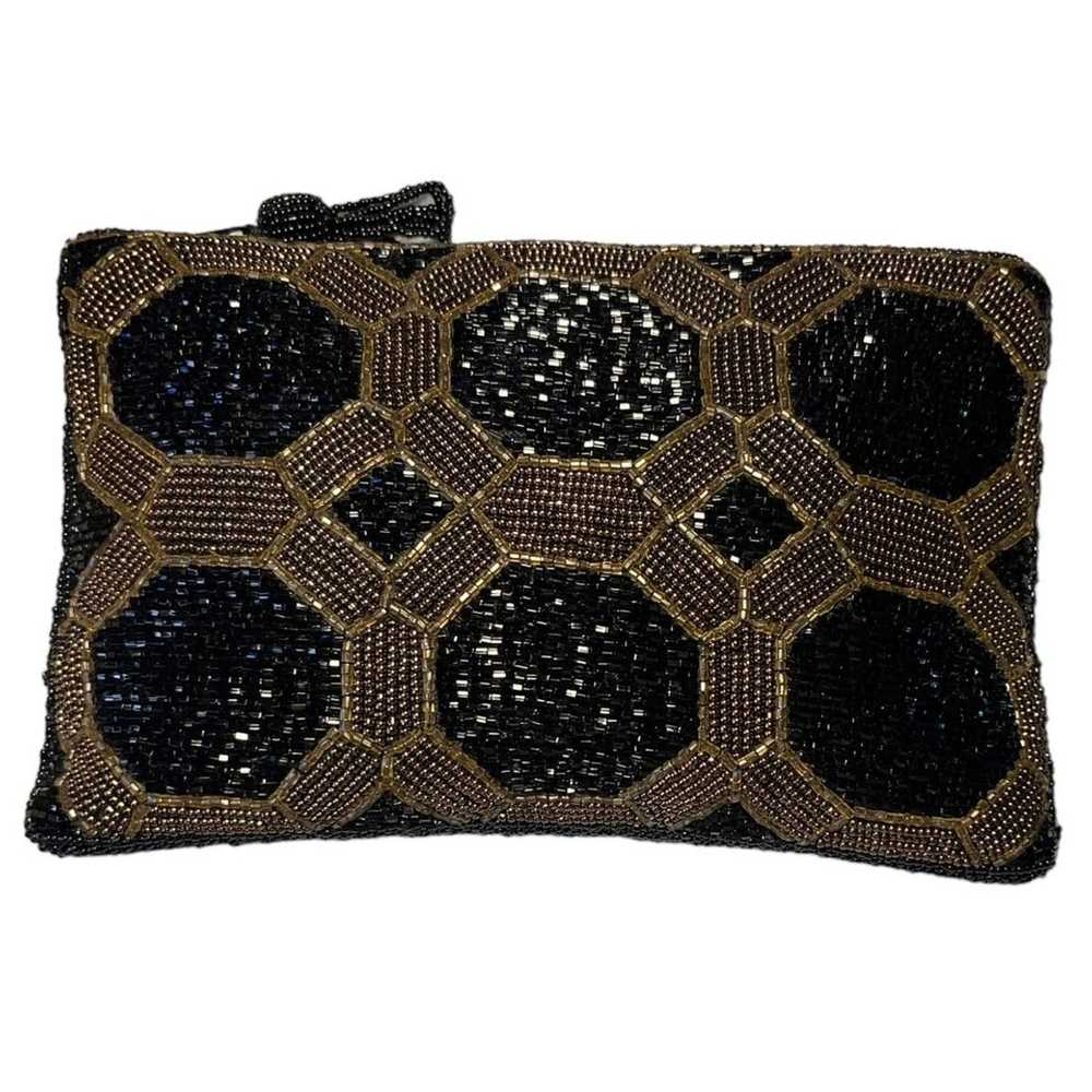 Vintage Small Black beaded clutch with gold geome… - image 1