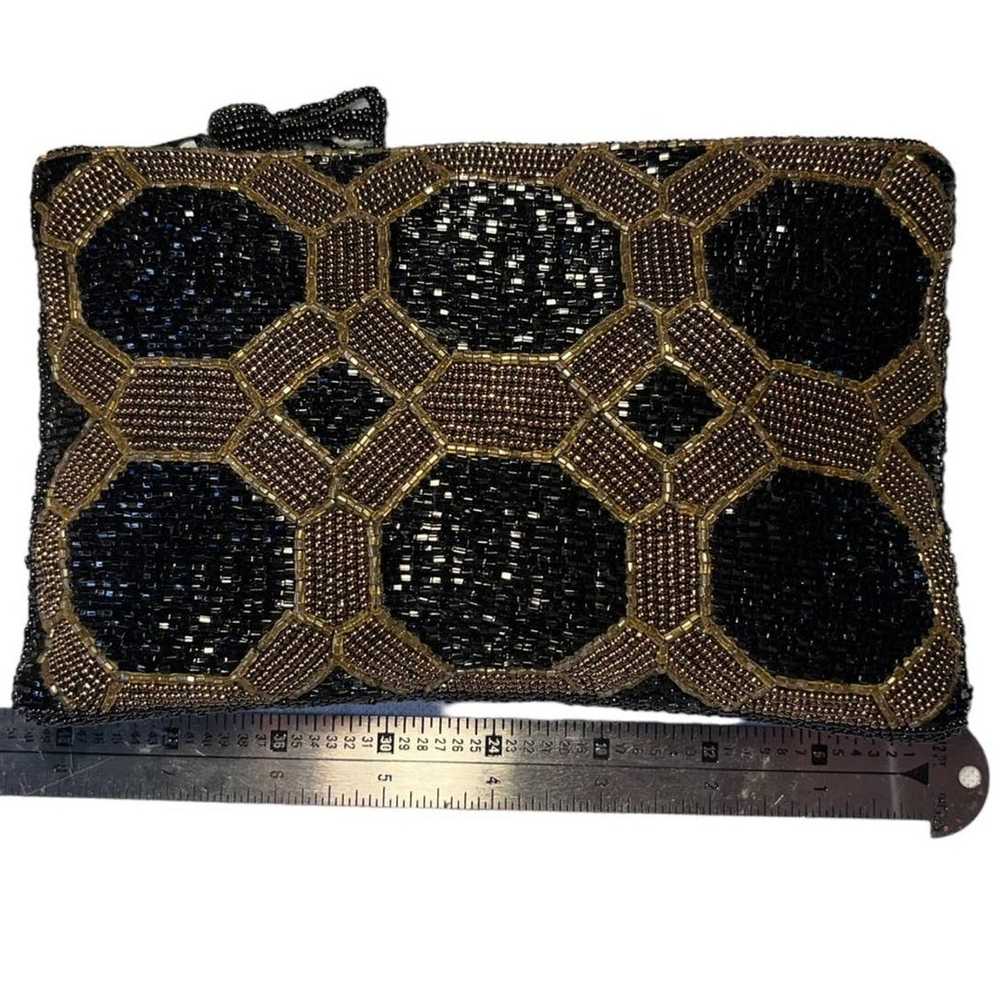 Vintage Small Black beaded clutch with gold geome… - image 3