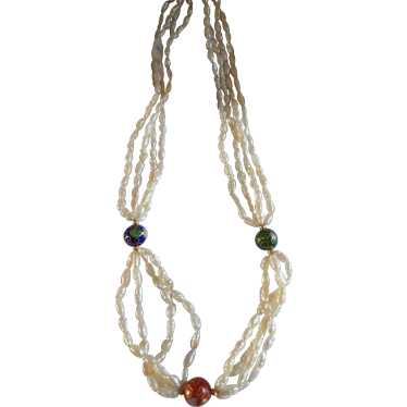 14K Cultured Freshwater Pearl and Cloisonné Neckl… - image 1