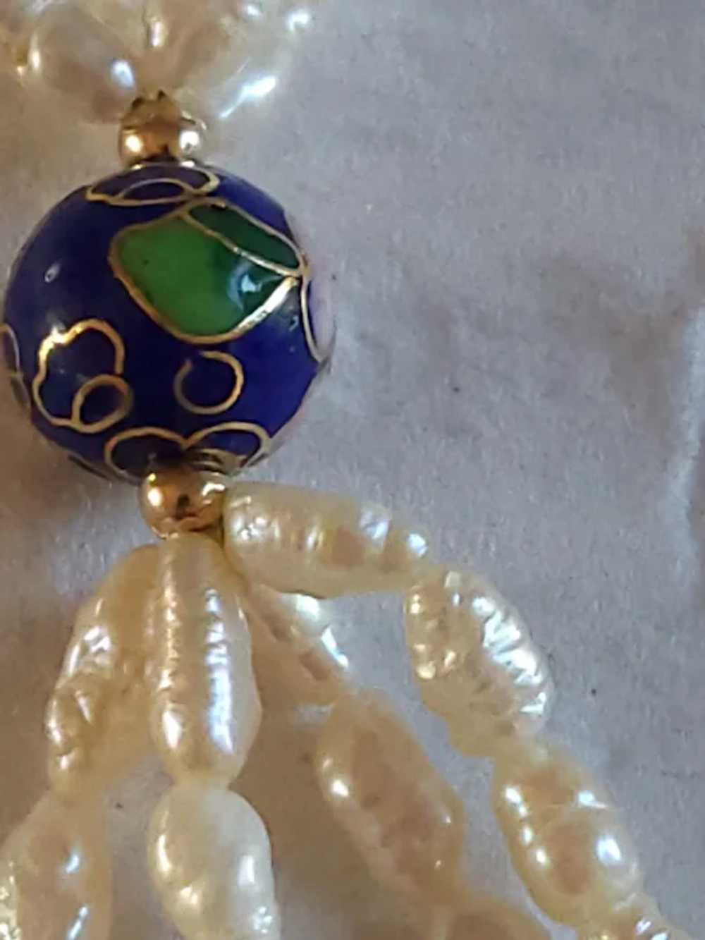 14K Cultured Freshwater Pearl and Cloisonné Neckl… - image 3