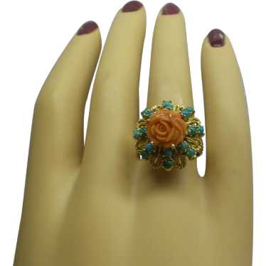 1960's Estate Solid 18kt Turquoise and Carved Cora