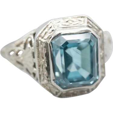 Art Deco Blue Zircon Filigree Solitaire Ring