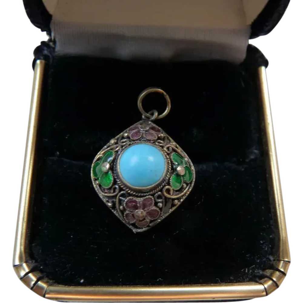 Chinese Export Silver Enamel Turquoise Charm Pend… - image 1