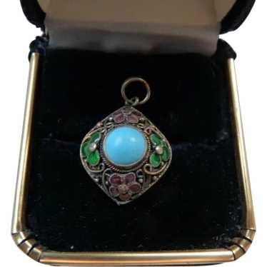 Chinese Export Silver Enamel Turquoise Charm Pend… - image 1