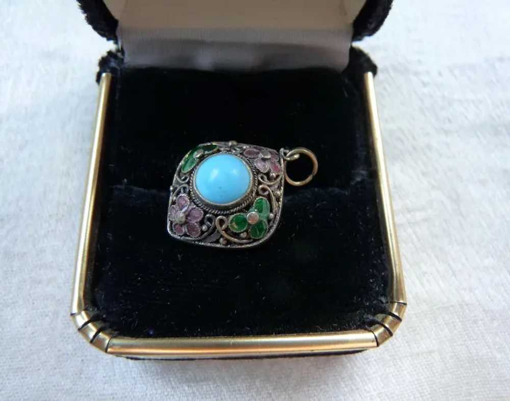 Chinese Export Silver Enamel Turquoise Charm Pend… - image 2