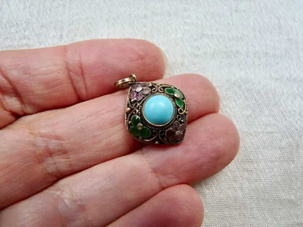 Chinese Export Silver Enamel Turquoise Charm Pend… - image 3