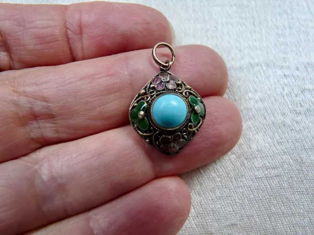 Chinese Export Silver Enamel Turquoise Charm Pend… - image 4