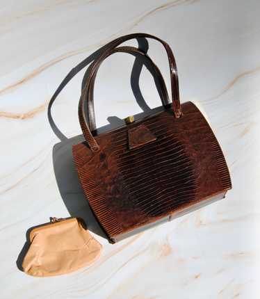 Vintage top Faux Croc Embossed Chestnut Leather Handbag with a Matching Change Purse