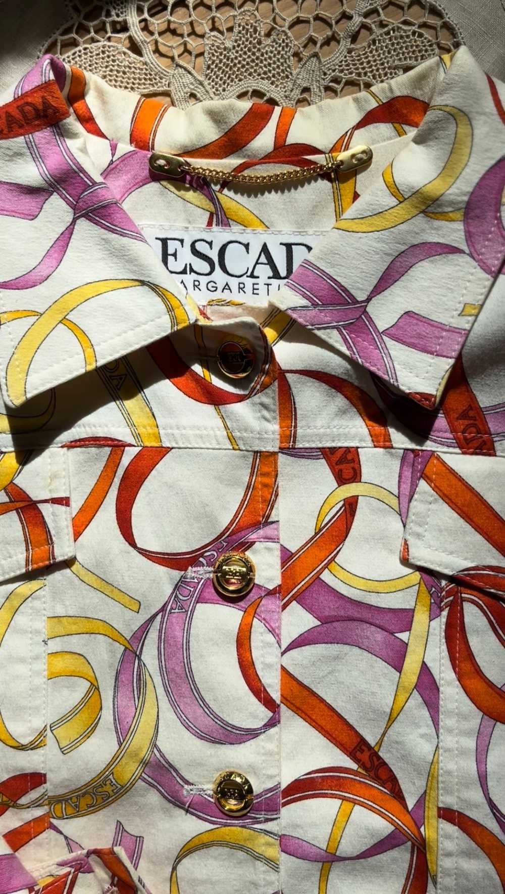 Vintage Escada Ribbon Print Jean Jacket and Pants… - image 8