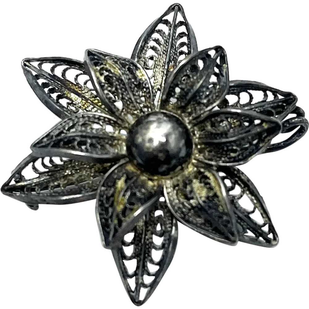 Vintage Sterling Silver Flower Brooch Pin - image 1