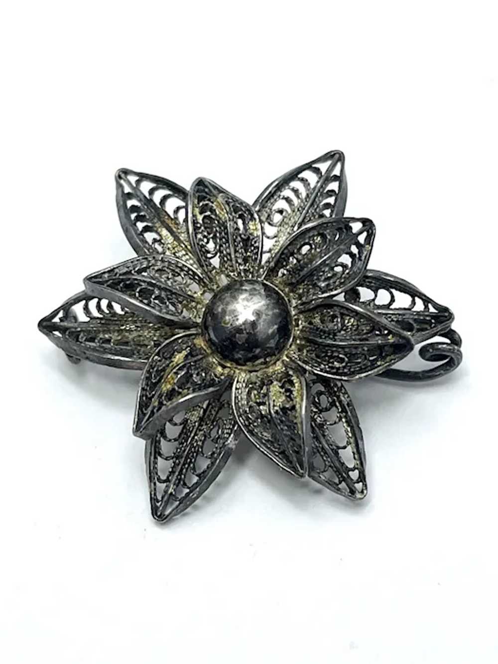 Vintage Sterling Silver Flower Brooch Pin - image 2