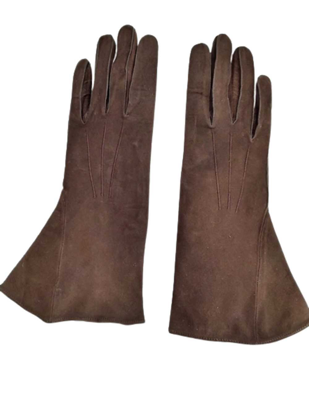 Dark Brown 1940s Vintage Suede Leather Gloves Wit… - image 1