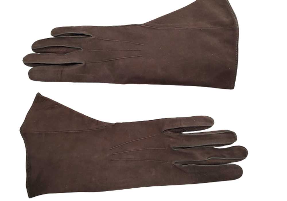 Dark Brown 1940s Vintage Suede Leather Gloves Wit… - image 2
