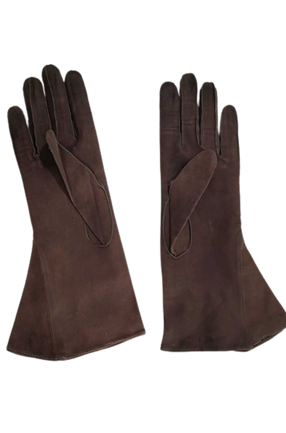 Dark Brown 1940s Vintage Suede Leather Gloves Wit… - image 3