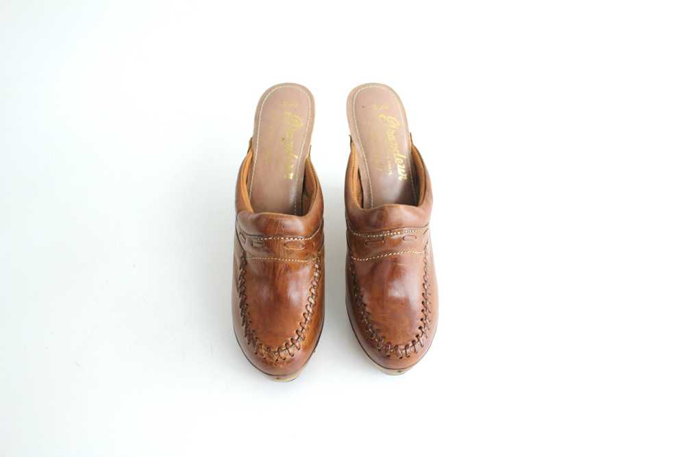 Vintage 1970s Whipstitch Leather Slide Platform C… - image 2