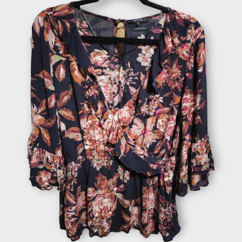 Designer Miss Me Rosey Ruffle Blouse Black/Pink S… - image 1