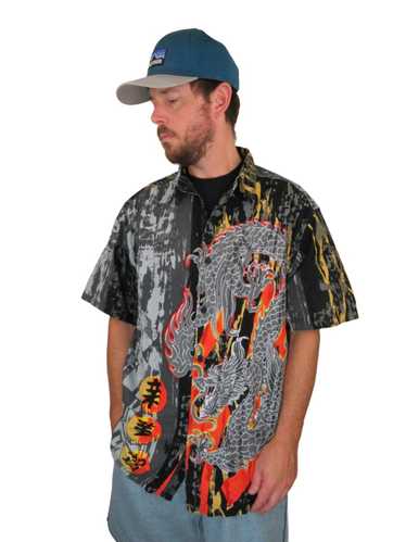 VTG Cyber Y2K Men's DOM Dragon Big Print Lightning Gray T-Shirt Large  JNCO Style