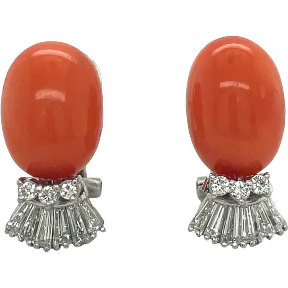 18K White Gold Coral and Diamond Earring - image 1