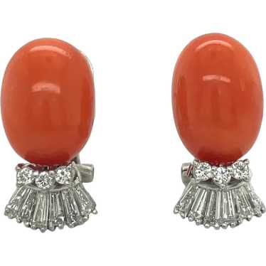 18K White Gold Coral and Diamond Earring - image 1