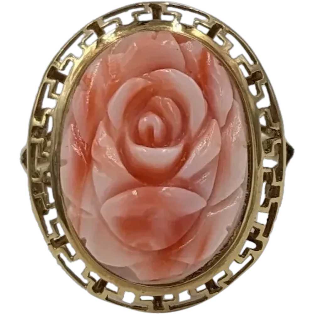 14K Coral Flower Ring Yellow Gold Carved Floral G… - image 1