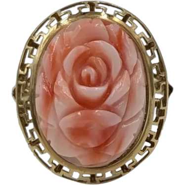 14K Coral Flower Ring Yellow Gold Carved Floral G… - image 1