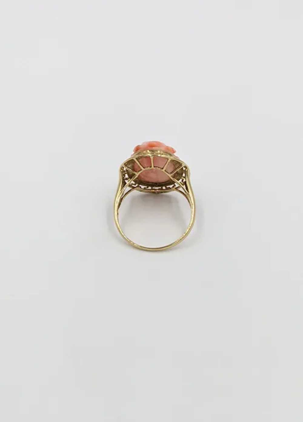 14K Coral Flower Ring Yellow Gold Carved Floral G… - image 7