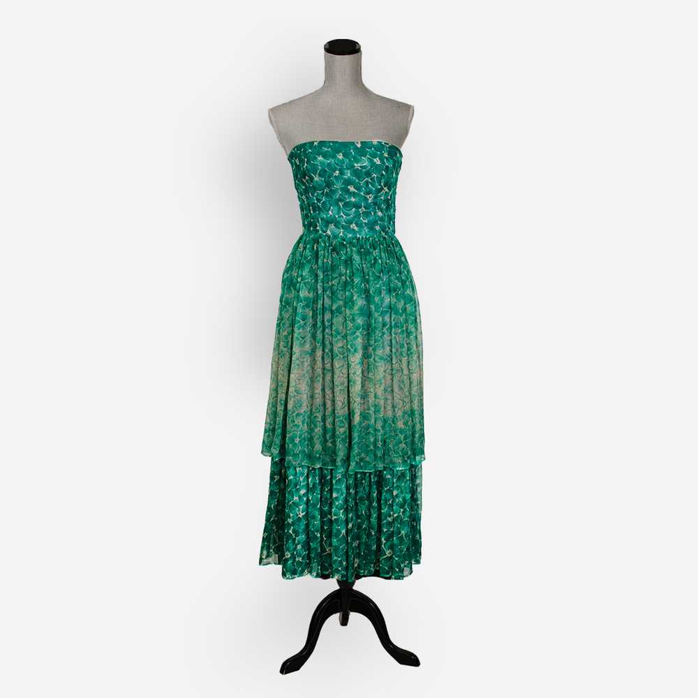 1950s Floral Tiered Dress, Green Silk Chiffon - image 2