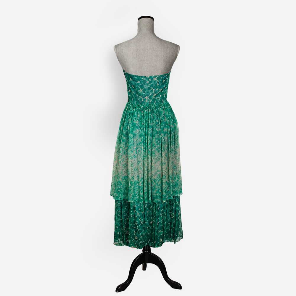 1950s Floral Tiered Dress, Green Silk Chiffon - image 3