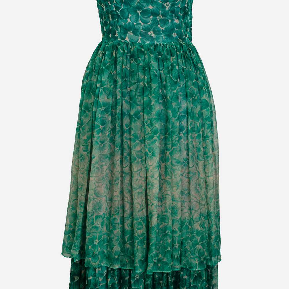 1950s Floral Tiered Dress, Green Silk Chiffon - image 4