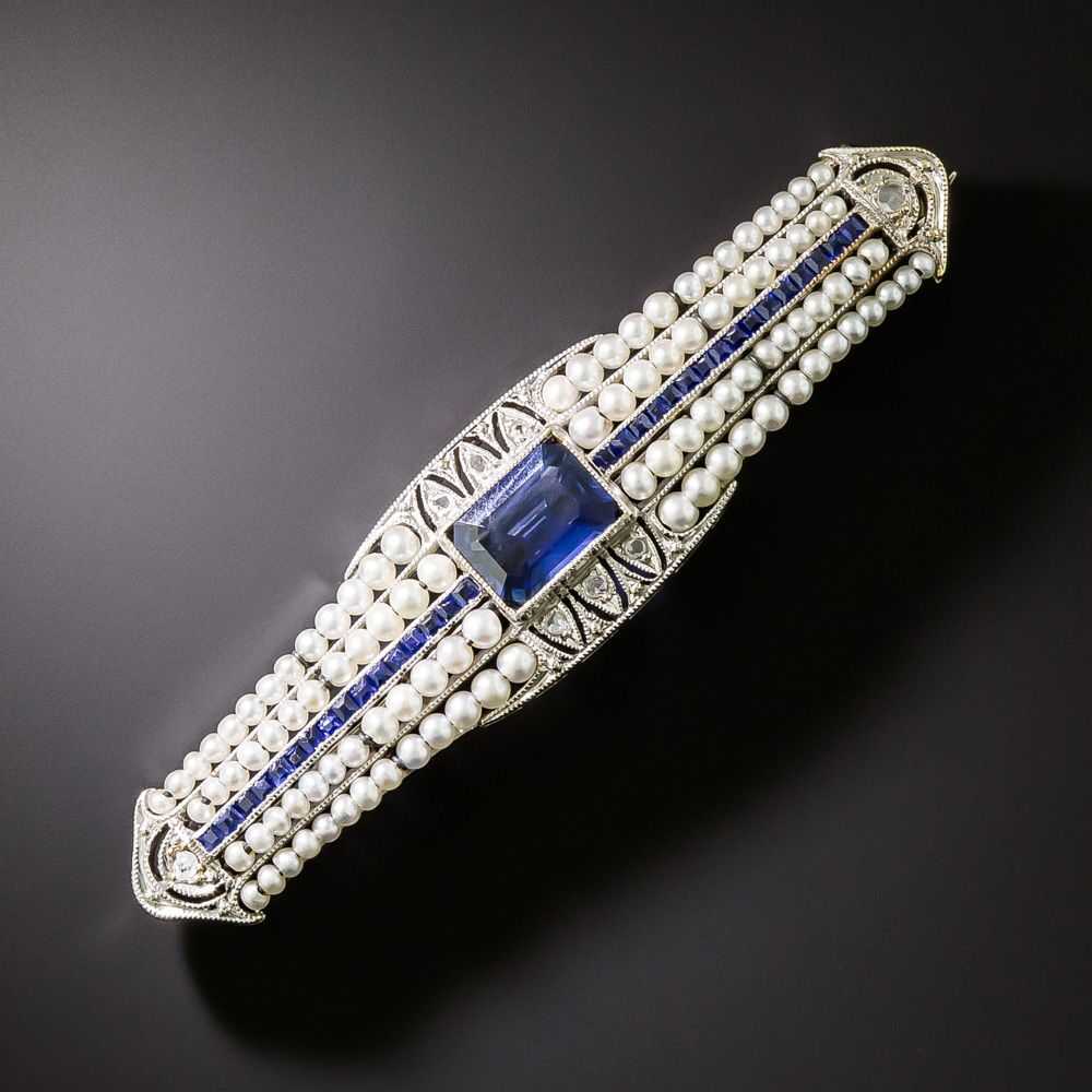 Art Deco Sapphire and Seed Pearl Bar Brooch - image 1