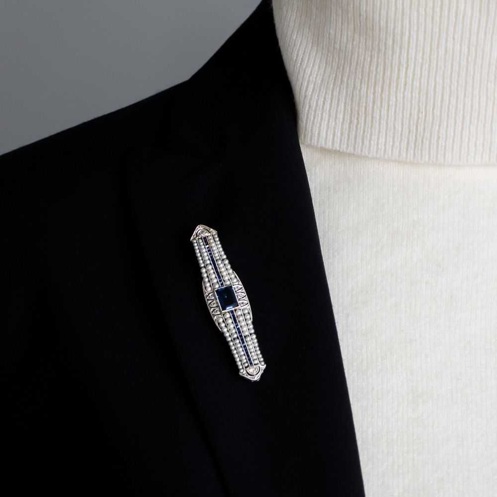 Art Deco Sapphire and Seed Pearl Bar Brooch - image 3