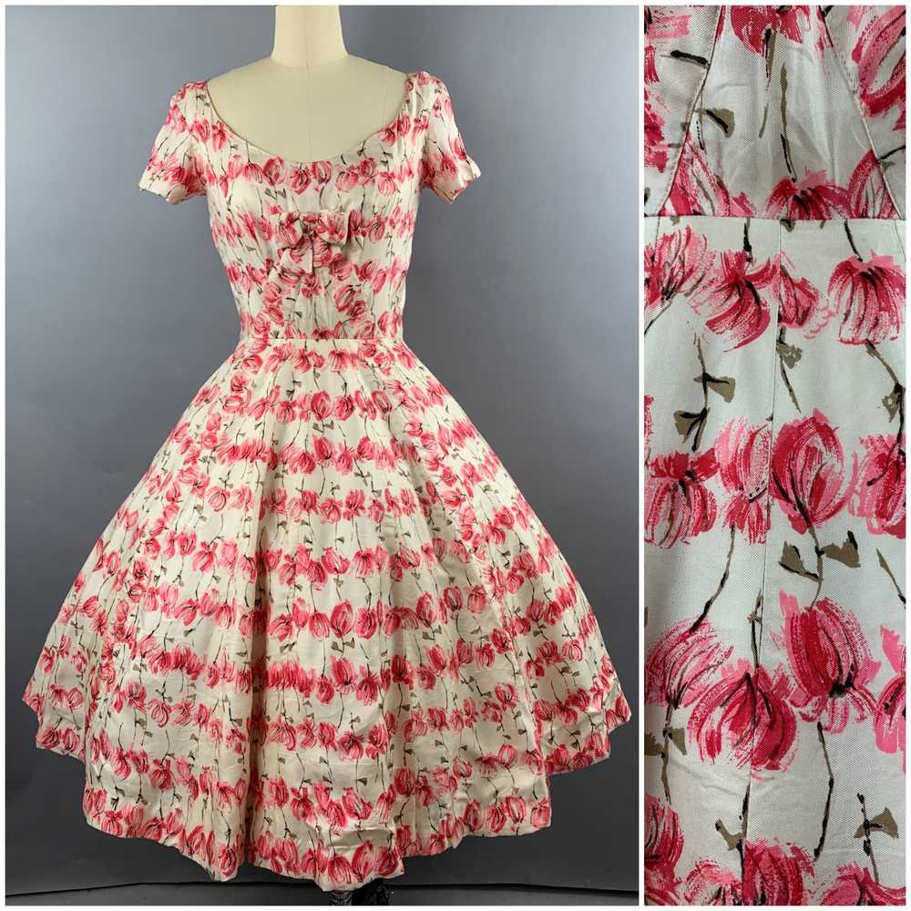 1950s Sophie Gimbel Rose Print Silk Dress Size S - image 1