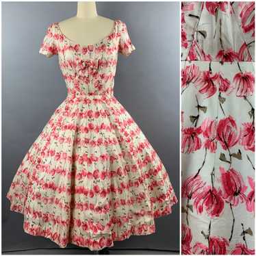 1950s Sophie Gimbel Rose Print Silk Dress Size S - image 1