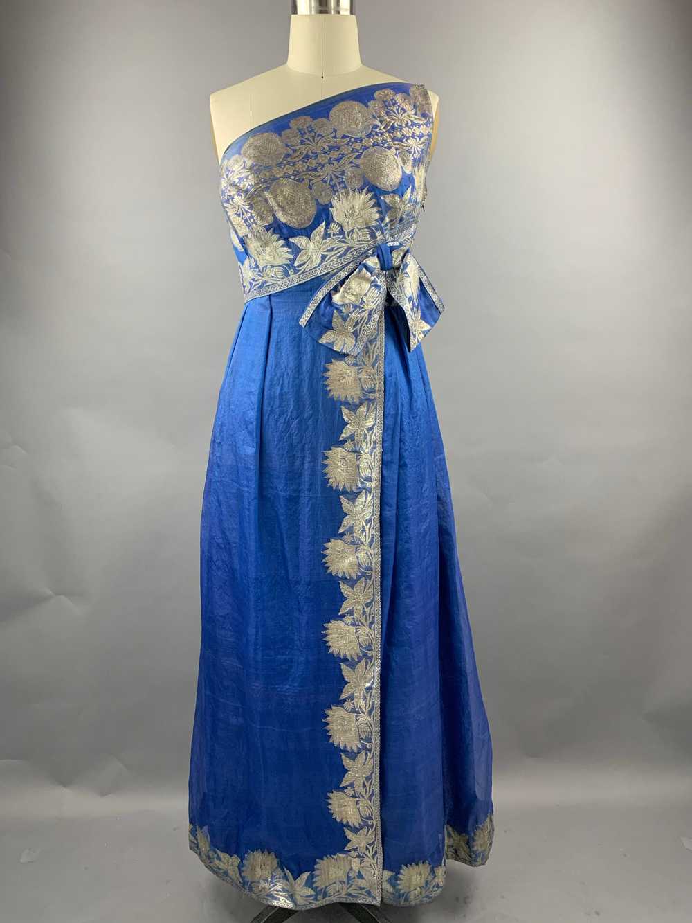 1960s Wounded Royal Blue Silk Chiffon Sari Dress … - image 1
