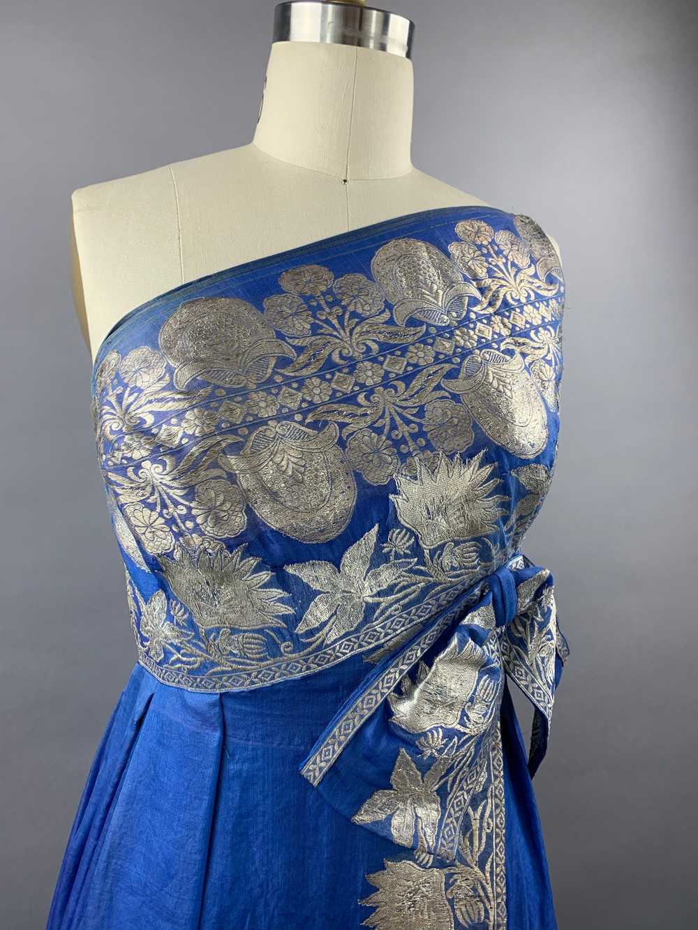 1960s Wounded Royal Blue Silk Chiffon Sari Dress … - image 2